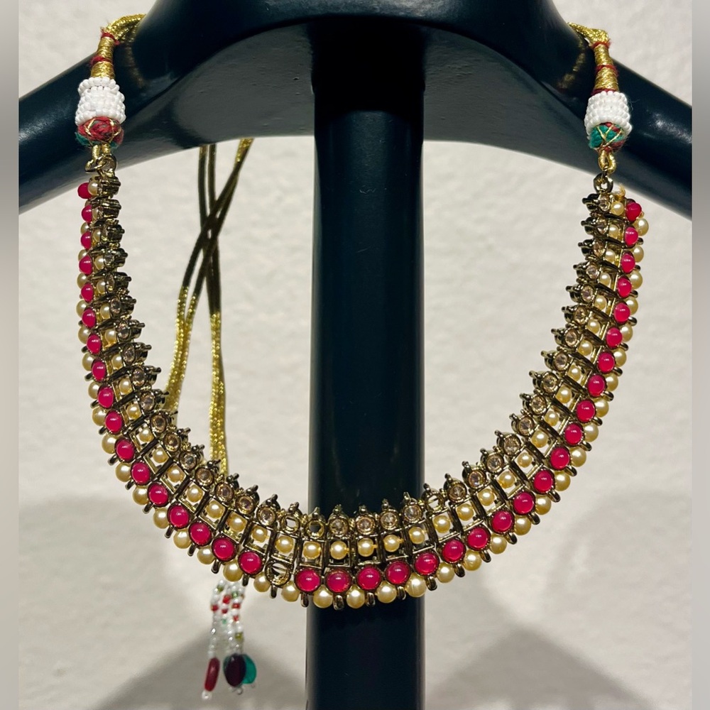 Vintage Indian Gold-Tone Choker Necklace with Pink and Pearl Accents